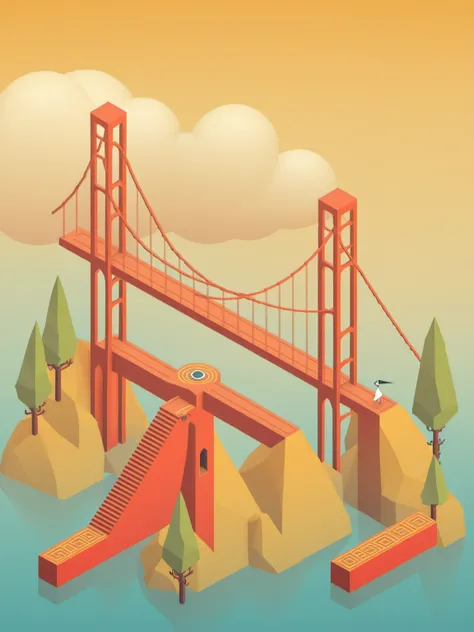 video game monument valley style, Golden Gate Bridge, stairs, water, cloud, hill, trees, gradient background, <lora:Monument Valley style:1>