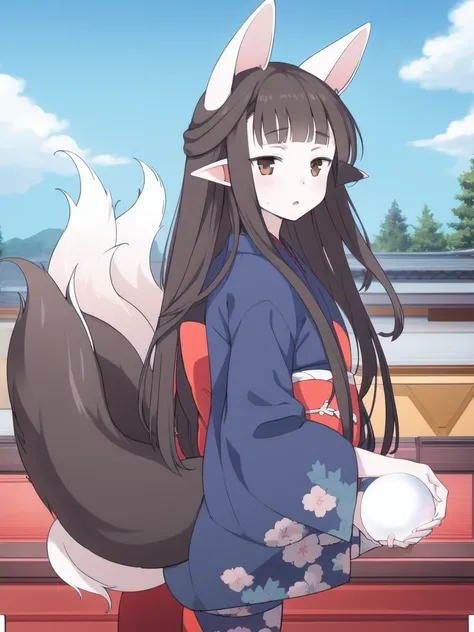 <lora:Hasaha_adult:1>, Hasaha_adult, 1girl, soro, brown eyes, animal ears, black hair, pointy ears, long hair, fox ears, bangs, blunt bangs, forest, sky, college age, 20 years old, full body, 
 japanese clothes, kimono, tail,  blue kimono, fox tail, crysta...