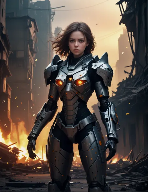 Wide angle digital painting, (Emotional young woman in shattered mech armor:1.3), Panning shot view, Distressed expression, Ruined metallic plating, (Overwhelming grief:1.2), Engulfed town ruins, Scattered bodies, (Reverberating tragedy:1.2), Flames raging...