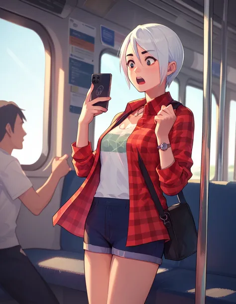 <lora:ashley-ac-ponyxl-000060:1> ashley mizuki robbins, plaid shirt, open shirt, denim shorts,
smartphone, looking at phone, surprised, train interior, score_9, score_8_up, score_7_up, score_6_up, score_5_up, score_4_up