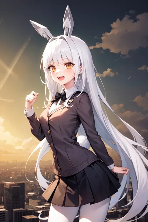 (high quality), (best quality), (dramatic lighting), (god rays),
gradient background, city, sky, day, clouds, 
refraction, caustics, rim lights, backlighting, bloom,
1girl, solo,
blanc, very long hair, medium breasts, white hair, pale skin, skin fang, open...