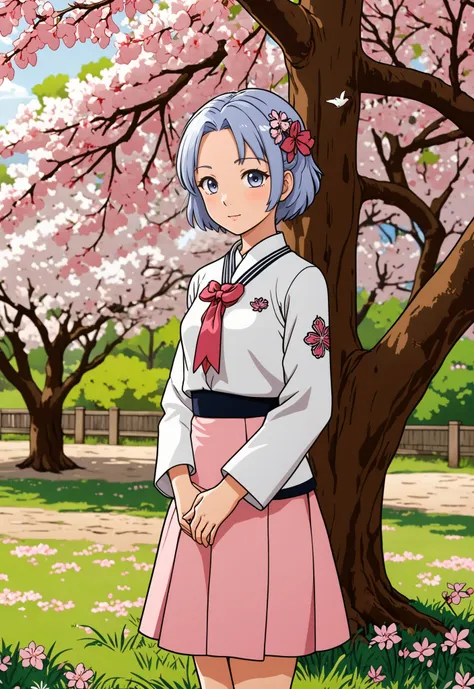 In a serene scene from "Re:Zero," Rem stands beneath the boughs of a majestic cherry blossom tree, its delicate pink blossoms casting a soft hue over the tranquil setting. Dressed in a traditional school uniform, her expression is one of quiet contemplatio...