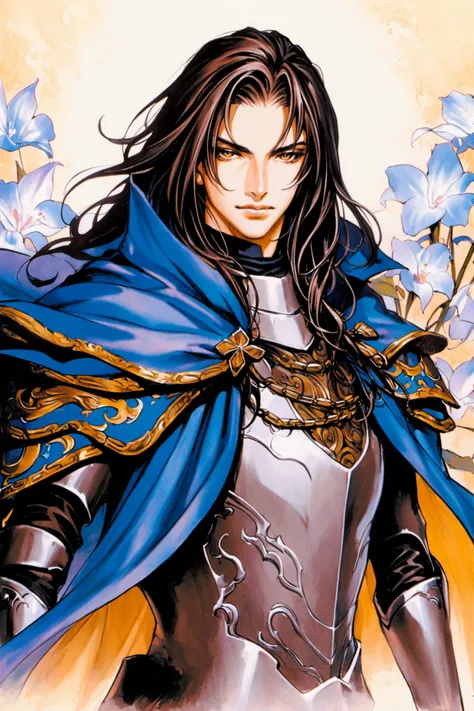 1boy, male focus, solo, cape, flower, armor, blue cape, long hair, black hair, looking at viewer, upper body,traditional media,<lora:Ayami Kojima_XL:0.8>,