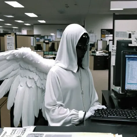 photo from phone that was uploaded on Reddit in 2018, black gothic, angel tears, angels in the office, y2kmad <lora:y2kmad_v0.0.1:1>