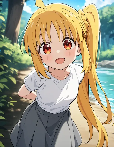 1girl, ijichi nijika, bocchi the rock!,
long hair, side ponytail, orange eyes, blonde hair, ahoge, open mouth, smile, small breasts, white t-shirt, grey skirt, arms behind back,
forest, river, looking at viewer, outdoors,
masterpiece, best quality, very ae...