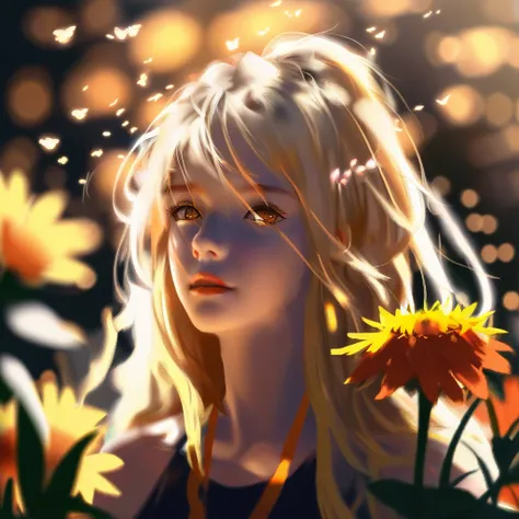 A girl,flowers and girls,mottled sunlight,Facing the monitor,blonde hair,Long hair,lips,orange eyes,Flower clusters,Flowers surround the girls face,(solo:1.4),Yellow flower,Thick coating,Depth of field,safflower,Mottled sunlight,Fluttering long hair,<lora:...