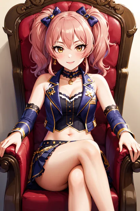 masterpiece, best quality, highres, aamika, twintails, hair bow, idol clothes, choker, vest, wrist cuffs,, midriff, skirt, <lora:jougasaki_mika_v1:0.7>, sitting, crossed legs, throne, smile