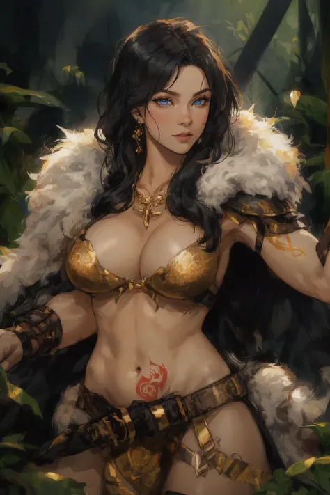 woman, (adult), solo, black long hair, amazon, Animal fur, animal marks, tattoo, loincloth, light armor, 
jungle, sexy pose, sexy face, (high quality), (best quality), (detailed), perfect lighting, detailed face, detailed body,  <lora:AmzonGirl:0.6>