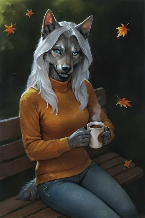 score_9, score_8_up, score_7_up, rating_safe, source_furry, traditional media, realistic, anthro, furry, werewolf, grey fur, long hair, white hair, blue eyes, orange sweater, long sleeves, blue jeans, holding cup, coffee cup, disposable cup, 1girl, solo, l...