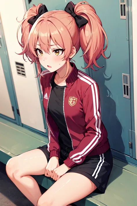 masterpiece, best quality, highres, aamika, twintails, hair bow, <lora:jougasaki_mika_v1:0.7>, track jacket, track pants, locker room, sitting, sweat,