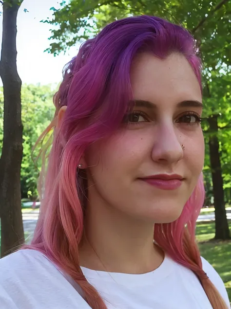 a picture of m4ria15, pink hair, realistic, photorealistic, detailed skin, surface scattering, bokeh, skin pores, <lora:m4ria15:1>looking at viewer,outdoors,wearing a white shirt