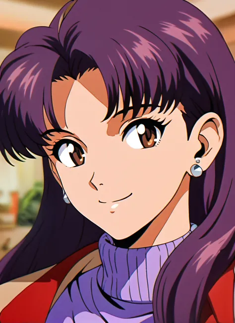 <lora:Misato:0.7> (masterpiece,best quality,ultra sharp focus), 1girl,solo,long hair,looking at viewer,smile,bangs,brown hair,brown eyes,jewelry,closed mouth,jacket,upper body,purple hair,earrings,blurry,turtleneck,portrait,retro artstyle,stud earrings,ani...