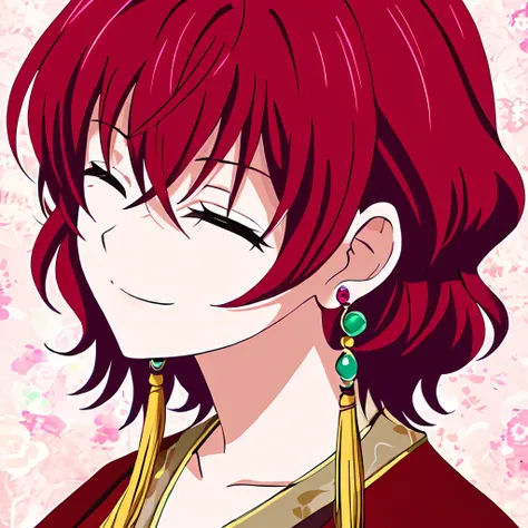 masterpiece,best quality,<lora:mki-akatsuki_no_yona-1.5-v3-000004:0.6>,1girl,yona,
solo,smile,short_hair,closed_mouth,jewelry,closed_eyes,male_focus,earrings,red_hair,portrait,tassel,facing_viewer,floral_background,tassel_earrings,