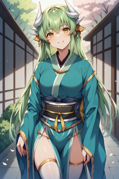 score_9,score_8_up,score_7_up,score_6_up,score_5_up,score_4_up, source_anime, aakiyo, long hair, green hair, white horns, hair ornament, yellow eyes, green kimono, pelvic curtain, white thighhighs, <lora:kiyohime_(berserker)_XL_1:1>, standing, cowboy shot,...