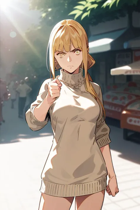 score_9, score_8_up, score_7_up, 1girl, looking at viewer, palm-fist greeting, lonely, golden hair, bangs, straight-across fringe, jade eyes, medium breasts, cream sweater dress, god rays, market stall, vanishing point <lora:pako_(pakosun)_PonyXL_style_v01...