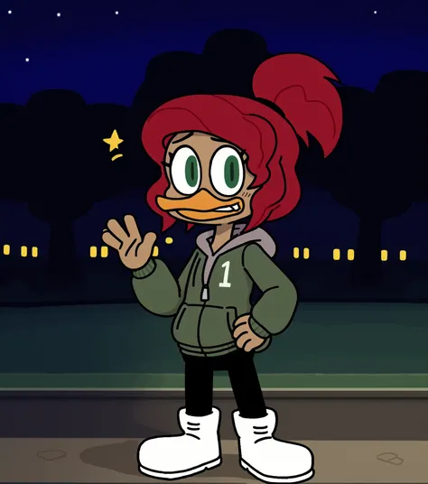 by foxes in love, by superiorfox, by ayaka (masterpiece, high quality, full-length portrait) (detailed background, outside, park, city, night, stars:1.3) BREAK gosalyn waddlemeyer, solo:1.2, (light brown skin:1.35), green eyes, ducktales, eyeliner, zipper,...