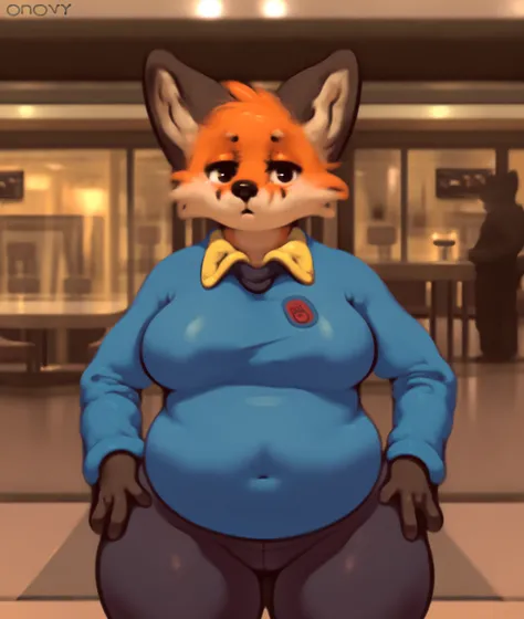 a chubby red fox standing outside in front of a restaurant, looking at the viewer. They are clearly disappointed.

(by honovy:1.15), (by frumples:0.7), (by keffotin:0.6), photo background,