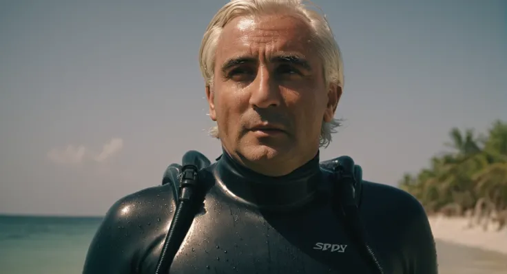 cinematic film still of  <lora:James Bond 007 style:0.9> detailed sharp image of
Emilio Largo Adolfo Celi a man in a wet suit with a scuba suit on,solo,open mouth,1boy,white hair,male focus,mask,facial hair,realistic,old,old man , dramatic light, dramatic ...