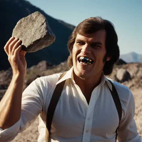 cinematic film still of  <lora:James Bond 007 style:0.9> detailed sharp image of
Jaws Richard Kiel vampire silver metal teeth a man holding a large rock over his head,solo,smile,short hair,open mouth,shirt,black hair,long sleeves,1boy,white shirt,upper bod...