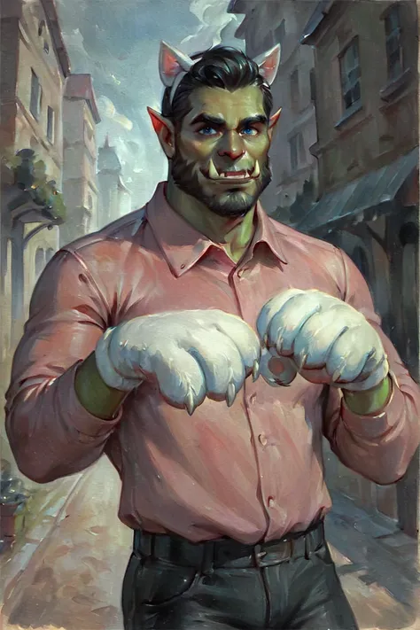 score_9, score_8_up, score_7_up, rating_safe, traditional media, realistic, orc, green skin, tusks, facial hair, beard, mustache, black hair, blue eyes, pink shirt, collared shirt, long sleeves, black pants, muscular, 1boy, solo, male focus, mature male, f...