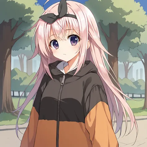 score_9, score_8_up, score_7_up, source_anime, 1girl, solo,
hruriwo_V1, pink hair, long hair, bangs, purple eyes, black hair bow, bow hairband, ahoge,
black jacket, orange jacket, hooded jacket, zipper, hood down, long sleeves, sleeves past wrists, 
upper ...