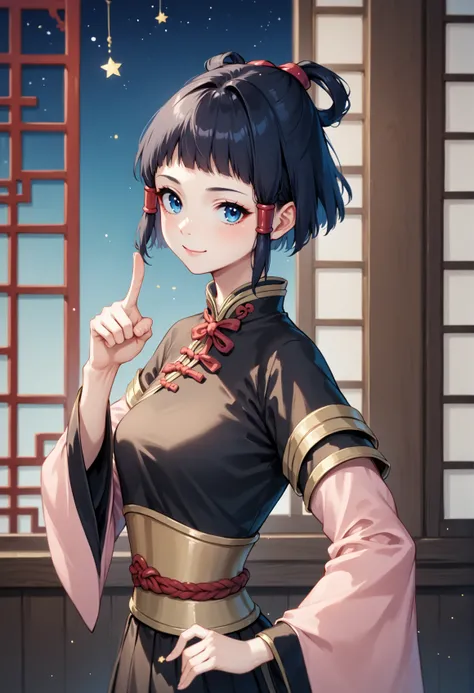 1girl, black hair, short hair, sidelocks, double Topknot, blue eyes, chinese clothes, ribbon, long sleeves, pink sleeves, skirt, leggings, yellow boots, standing, window, pointing up, night sky, star, smile, looking at viewer, from side, upper body <lora:L...