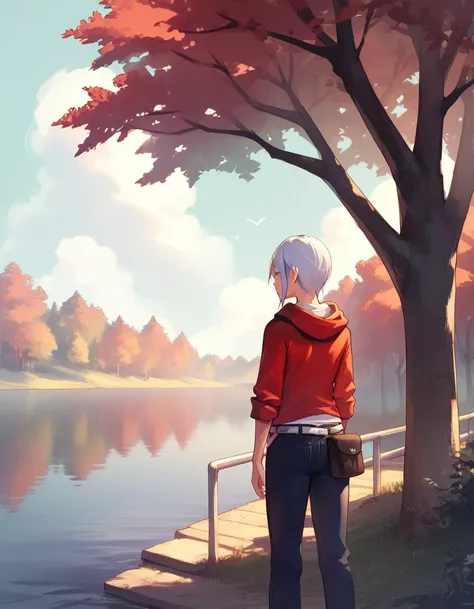 <lora:ashley-ac-ponyxl-000060:1> ashley mizuki robbins, hoodie, white shirt, red sleeves, jeans, white belt,
belt pouch, from behind, lake, tree, outdoors, scenery, score_9, score_8_up, score_7_up, score_6_up, score_5_up, score_4_up