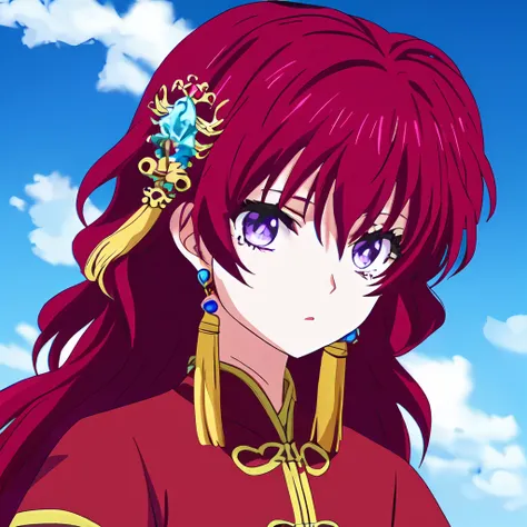 masterpiece,best quality,<lora:mki-akatsuki_no_yona-1.5-v3-000004:0.8>,1girl,yona,
solo,long_hair,looking_at_viewer,hair_ornament,jewelry,purple_eyes,upper_body,earrings,red_hair,cloud,chinese_clothes,tiara,tassel,