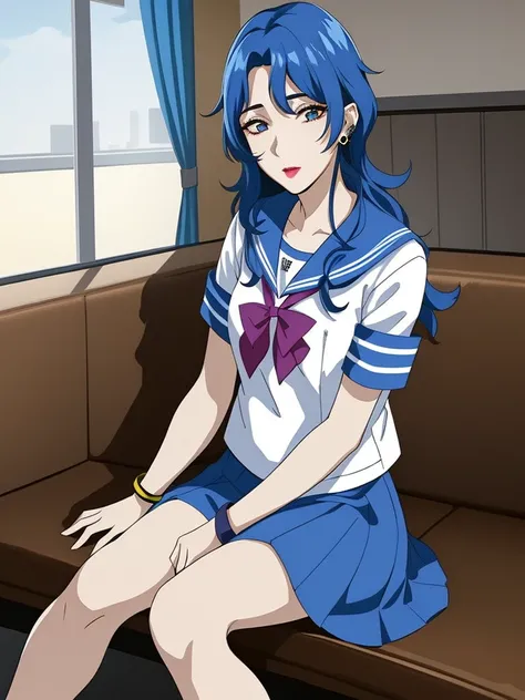 1girl,solo,perfect face,look at viewer,sitting,
ChopioImmoral, blue hair, long hair, curly hair, blue eyes, lipstick, stud earrings,<lora:ImmoralSister-v2-06:0.85>,
blue pleated skirt,sailor collar,school uniform,serafuku,short sleeves,wristband,<lora:èè...