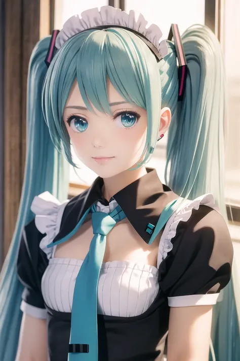 (masterpiece),best quality,1girl,hatsune miku,solo,twintails,necktie,long hair,maid headdress,looking at viewer,upper body,maid,aqua hair,frills,aqua eyes,blue eyes,short sleeves,blue hair,detached collar,shirt,