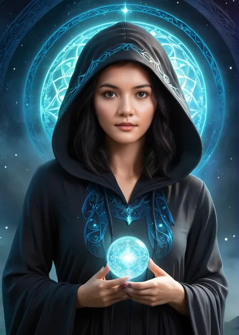 ethereal fantasy concept art of a mysterious female techno-witch, mystic power, dark coat with hood, detailed mystic background, <lora:MS_Yori_XL:0.8>, magnificent, celestial, ethereal, painterly, epic, majestic, magical, fantasy art, cover art, dreamy