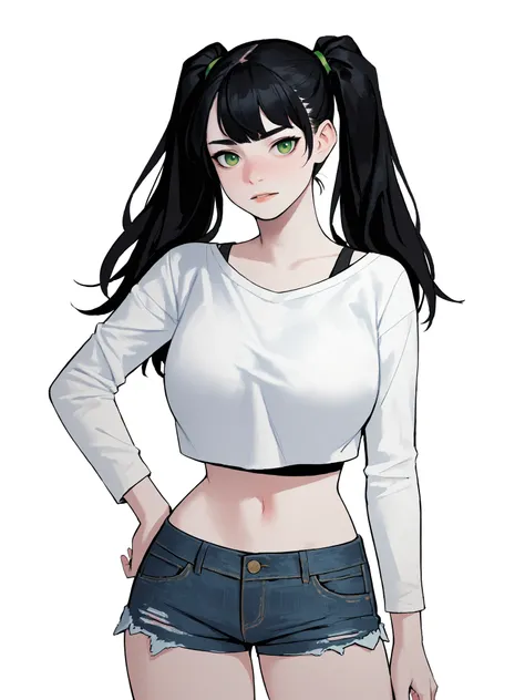 score_9, score_8_up, score_7_up, score_6_up, score_5_up, score_4_up,
BREAK
1girl, black hair, twintails, green eyes,
BREAK
solo, standing, hand on hip, black crop top, long sleeves, large breasts, denim shorts,
BREAK
white background, <lora:Lunas-DonghoKan...