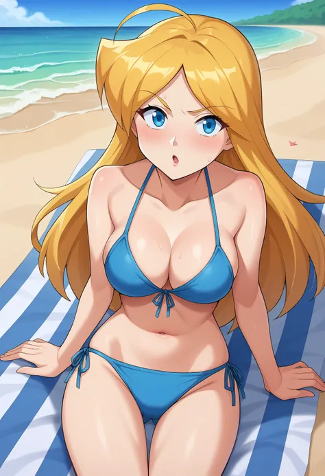 score_9, score_8_up, score_7_up, BREAK source_anime, 1girl, clover (totally spies), blonde hair, ahoge hair, blue eyes, bikini, beach, sideways <lora:brj-clover-ponyXL-v0.6:0.8>