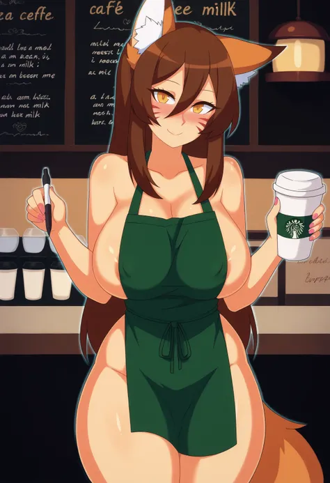 score_9, best quality, masterpiece, uncensored, source_anime
BREAK
1girl, animal ears, apron, areola slip, bare hips, bare shoulders, barista, blush, breasts, brown hair, cafe, closed mouth, coffee cup, collarbone, covered nipples, cowboy shot, cup, curvy,...