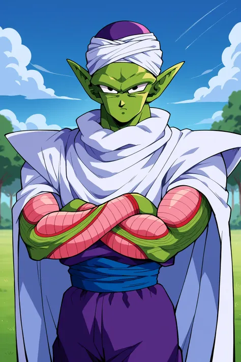 score_9, score_8_up, score_7_up, score_6_up, score_5_up, score_4_up,source_anime BREAK piccolo, 1boy, male focus, solo, green skin, pointy ears, black eyes, purple pants, crossed arms, standing, purple dougi,white cape,outdoors, grass, tree, pink patches, ...