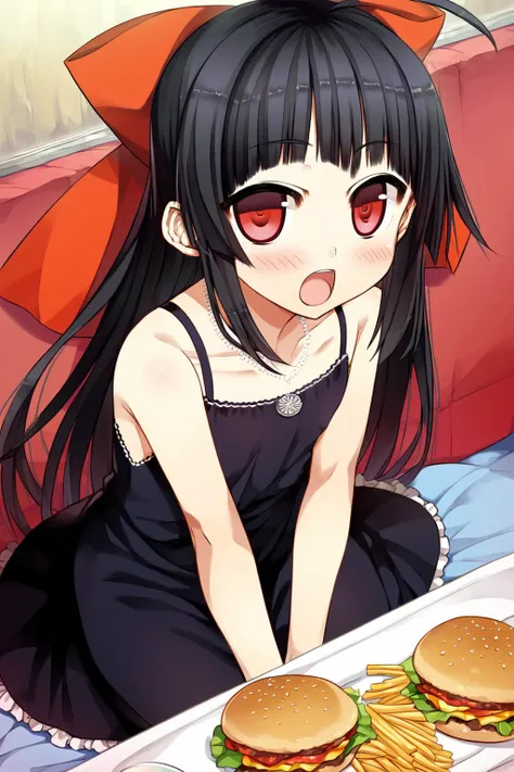 score_8_up,<lora:CURA_pony_V1:1>,seishin himemiya,1girl,solo,long hair,black hair,red eyes,blush,open mouth,ahoge,looking at viewer,food,sitting,burger,bare shoulders,jewelry,hair bow,flat chest,necklace,dress,bow,french fries,