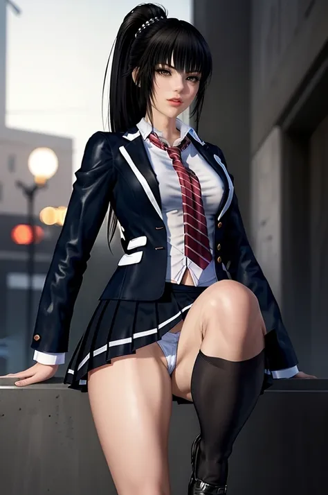 (cowboy shot:1.2), close mouth, misa,  (city background:1), night, 1girl, solo, skirt, black hair, necktie, socks, school uniform, ponytail, black kneehighs, shirt, pleated skirt,  shoes, loafers, jacket, white shirt, ,  open clothes, open jacket, striped,...