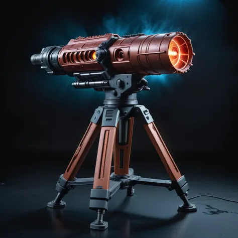 photo focus on military heavy weapon gatling plasma laser ,  view, with tripod stand, boxy design, from above, science fiction, glowing cyberpunk, translucent, <lora:IteMaker-v1e3:1>, black background, red theme  , film, professional, 4k, highly detailed, ...