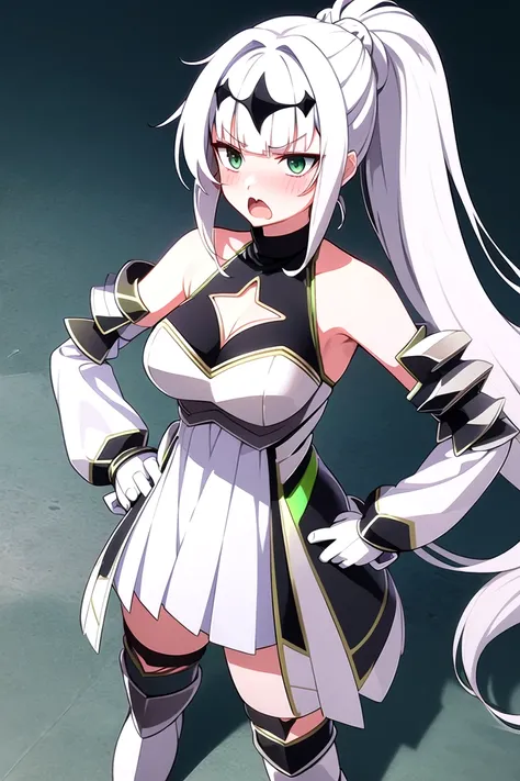 1girl,
 <lora:kurowachan_V02:0.9>kurowa, green eyes,  
white hair, long hair,shingl bon, ponytail, hair intakes,hair ornaments,
bare shoulders, detached sleeves, armor, cleavage, white dress, black turtleneck, green line, black thighhighs, white long boots...