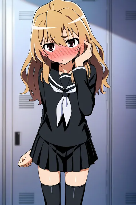 score_9, score_8_up, score_7_up, source_anime, rating_safe BREAK
1girl, aisaka taiga, brown eyes, looking away, shy, full face blush, blush lines, flat chest, black serafuku, black skirt, black shirt, black thighhighs, white neckerchief, (hand on own hair)...