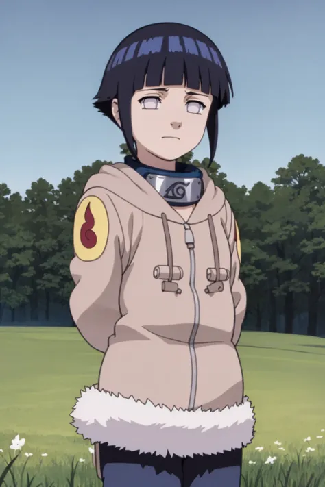 masterpiece, best quality,
1girl,  hyuuga hinata, black hair, short hair, white eyes,  no pupils, coat, forehead protector, fur trim, konohagakure symbol, long sleeves,
arms behind back, upper body, solo, looking at viewer, grass, blue sky, meadow backgrou...