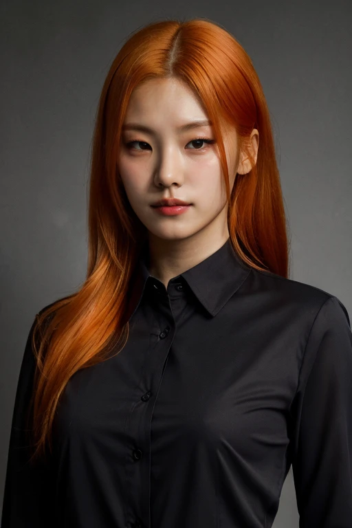 masterpiece, best quality, ultra-detailed, ultra high res, (photorealistic:1.4), raw photo, (realistic:0.2), 8k HDR, realistic lighting, 1girl, solo, looking at viewer, asymmetrical orange hair, (detailed oily skin), (detailed face), (simple gray backgroun...