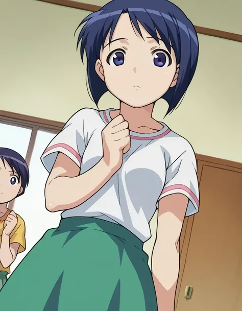 score_9, score_8_up, score_7_up, source_anime,
shinobumaehara, <lora:shinobu-maehara-ponyxl-lora-nochekaiser:1>,
shinobu maehara, short hair, blue eyes, blue hair,
skirt, shirt, short sleeves, green skirt,
indoors,
looking at viewer, dutch angle, cowboy sh...