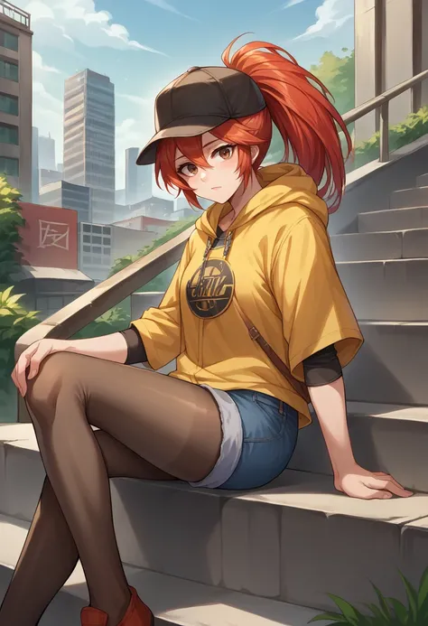 score_9, score_8_up, source_anime, 1girl, solo, AdrianaRivera, red hair, long hair, ponytail, hair between eyes, brown eyes, baseball cap, graphic tee, denim shorts, pantyhose under shorts, sitting, stairs, outdoors, city, <lora:ChamAdrianaRiveraPonyXL:1>