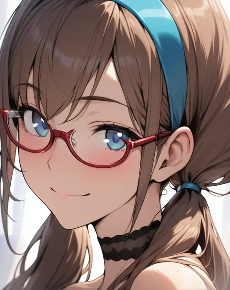 (masterpiece,best quality,ultra sharp focus), 1girl,solo,long hair,looking at viewer,smile,blue eyes,brown hair,bare shoulders,twintails,closed mouth,collarbone,hairband,glasses,choker,portrait,semi-rimless eyewear,red-framed eyewear,under-rim eyewear,maki...