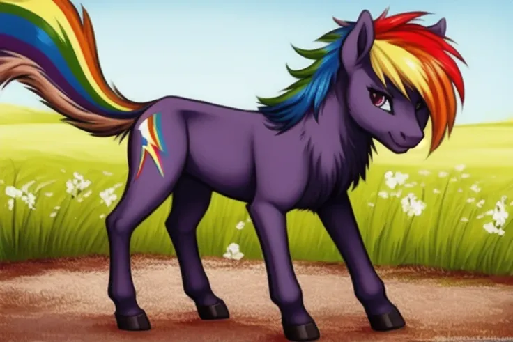 feral pony (((rainbow dash))) (masterpiece, best quality:1.1), ((fluffy tail)), (((perfect anatomy))), (((pony))),