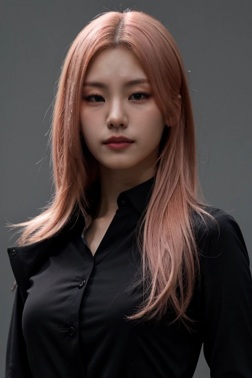 masterpiece, best quality, ultra-detailed, ultra high res, (photorealistic:1.4), raw photo, (realistic:0.2), 8k HDR, realistic lighting, 1girl, solo, looking at viewer, asymmetrical pink hair, (detailed oily skin), (detailed face), (simple gray background ...