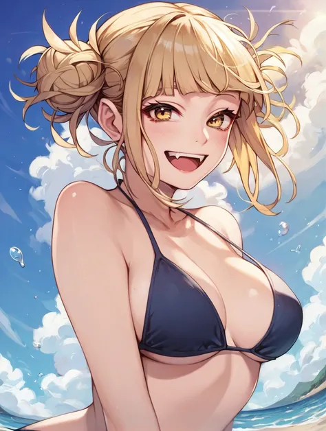 score_9, score_8_up, score_7_up, score_6_up,source_Anime, 1girl, h1m1k0t0g4, yellow eyes, blonde hair, short hair, blunt bangs, hair bun, messy hair, smile, open mouth, fang, medium breast, bikini, looking at viewer, beach,   <lora:HimikoTogaByJuninholara2...