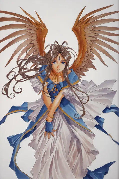 Belldandy,1girl,solo,long hair,jewelry,wings,brown hair,facial mark,gloves,forehead mark,bracelet,fingerless gloves,blue eyes,dress,white background,traditional media,score_9,score_8_up,<lora:Kosuke Fujishima_XL_PONY_OM:0.9>,