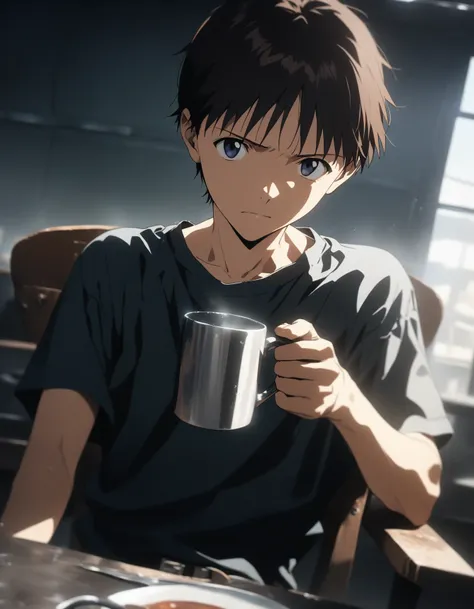 1boy, male focus, ikari shinji, neon genesis evangelion, solo, holding mug, sitting, on chair, holding, serious face, looking at viewer, indoors, upper body, cinematic angle,, (masterpiece), (best quality), (ultra-detailed), very aesthetic, illustration, d...